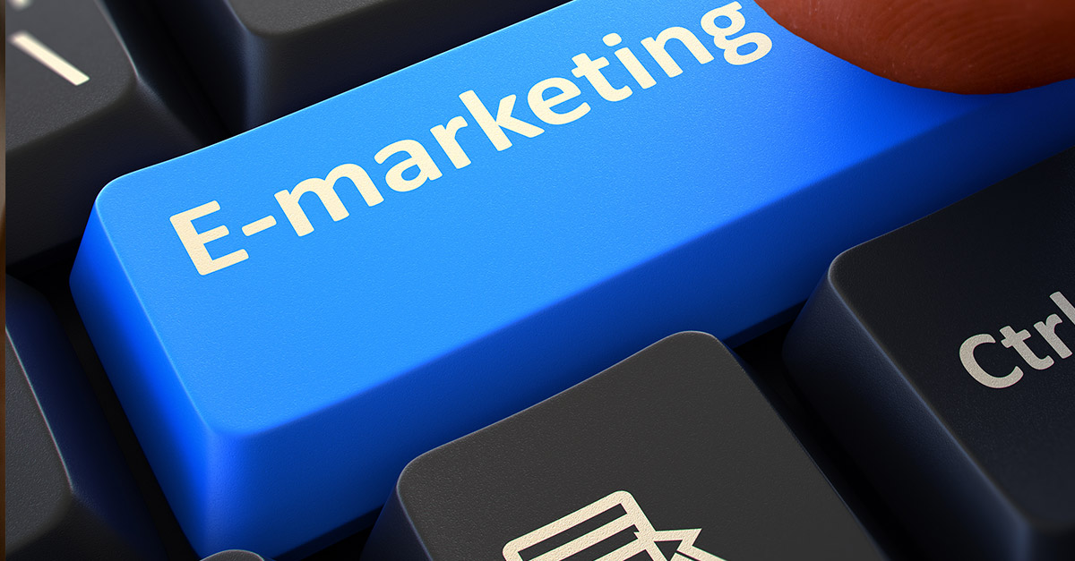 Blue e-marketing button on keyboard