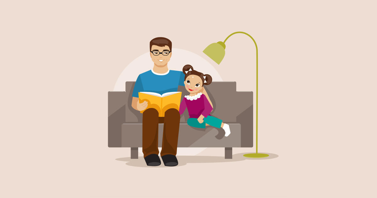 Cartoon father and daughter on a sofa reading a book under a lamp