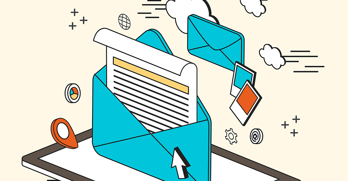 Cartoon mail in envelop on top of tablet representing email marketing