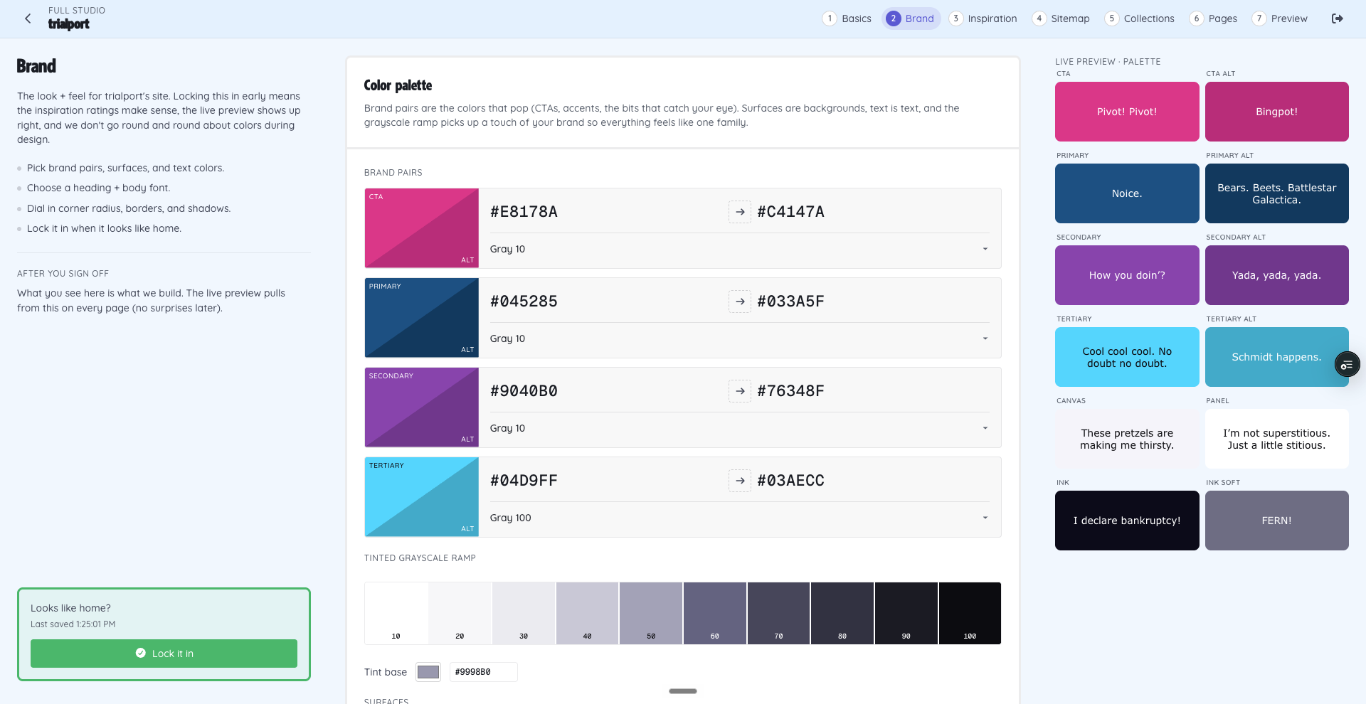 Full Studio: the brand phase of the client website-planning workspace with live palette preview